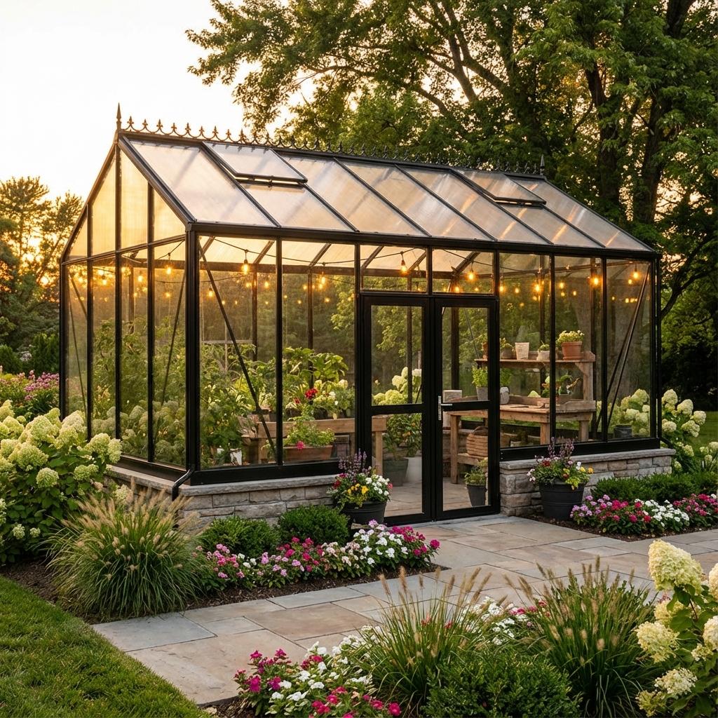 A black-framed glass greenhouse in a landscaped garden
