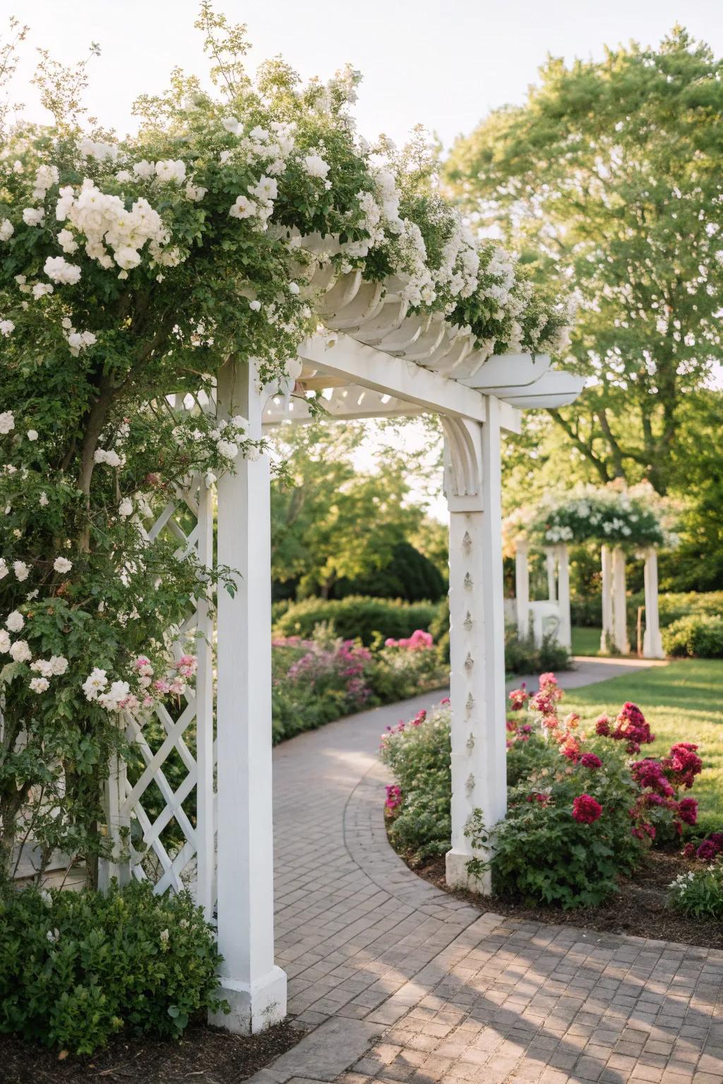 A white garden arbor covered in climbing roses
