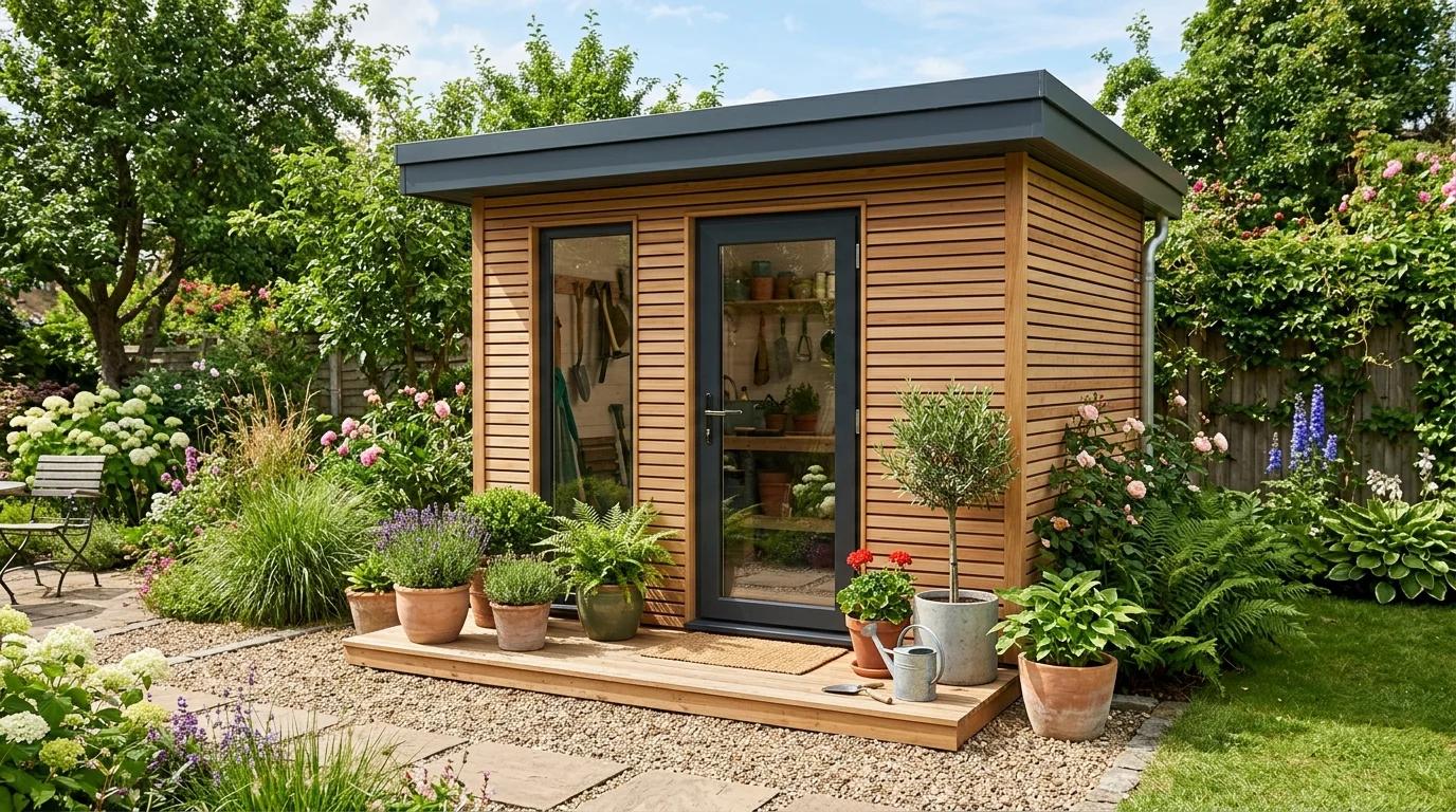 A modern timber-clad garden building with a dark glazed door
